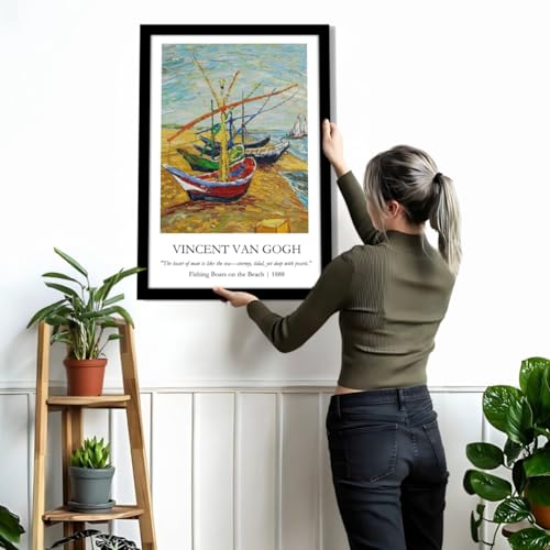 Image of Waltractive Vincent Van Gogh Paintings Framed Poster with Beautiful Quotes - Available in 33x22 and 48x33 CM - Classic Art Poster with sleek Black Frame - Elegant Home and Office Decor (Fishing Boats on the Beach, 13x19 Inch, Framed)