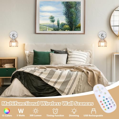 Image of Vintage Battery Operated Wall Sconce, Amber Tulip Glass Lampshade Wireless Rechargeable Battery Powered LED Wall Light with Remote Dimmable for Bedside Bedroom Living Room, Silver, Set of 2