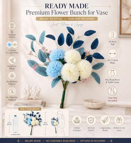 Image of Divyakosh Artificial Chrysanthemum Flower Bouquet, 5 Flowers with Foliage, Blue & White Pom Pom Floral Arrangement, Decorative Artificial Flowers for Living Room, Office & Home Decor