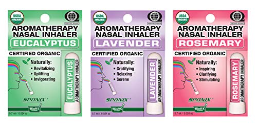 Aromatherapy Nasal Inhaler Pack of 3 Made with Organic Essential Oil - Eucalyptus, Lavender and Rosemary - 0.7 mL by Sponix