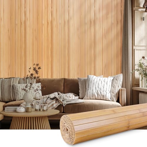 FONUNO Bamboo Wall Panel for Interior Decoration Bamboo Pole Wrap Roll Natural Wainscoting Paneling Decorative Wall Slat Covering for Living Room, Bedroom, Office (16 Inch x 96 Inch, Carbonized)