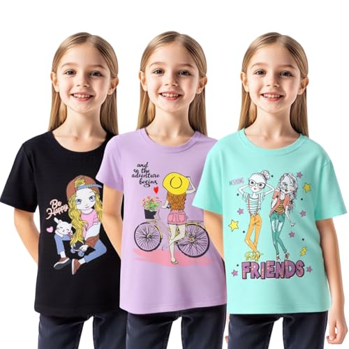 Image of HILEELANG Girl Short Sleeve Tee Shirts Cotton Casual Summer Graphic Tops T-Shirts Multipack