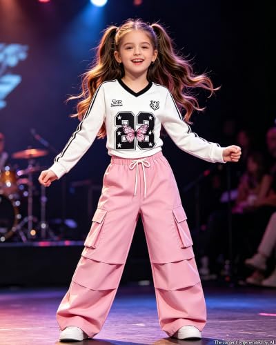 Image of Betusline Girls 2 Piece Summer Outfits,Kids Casual Short Sleeve Crop Top & Cargo Jogger Pants Sets,4T-14Y