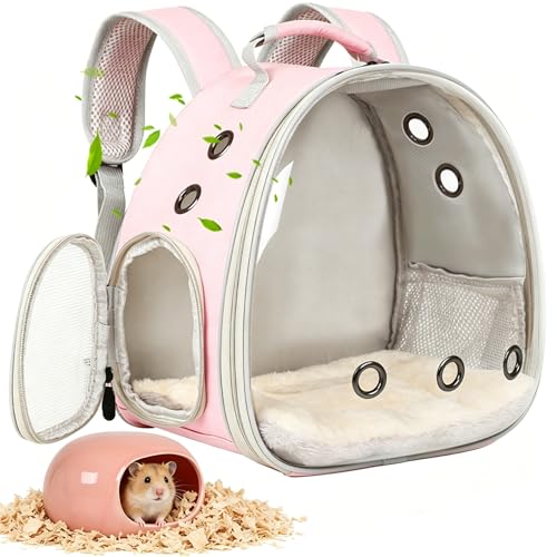 2-Pack Small Animal Backpack Carrier & Ceramic Hamster Hideout for Cooling Summer Hamster House and Habitat Cool Bed for Other Similar-Size Small Pet Gerbil Rat Chinchilla