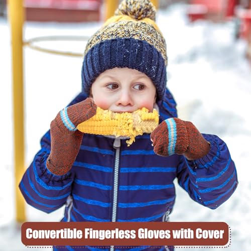 Image of Yahenda 4 Pairs Kids Mittens Fingerless Gloves Winter Knitted Convertible Mittens for Toddler Boy Girl Aged 5-10