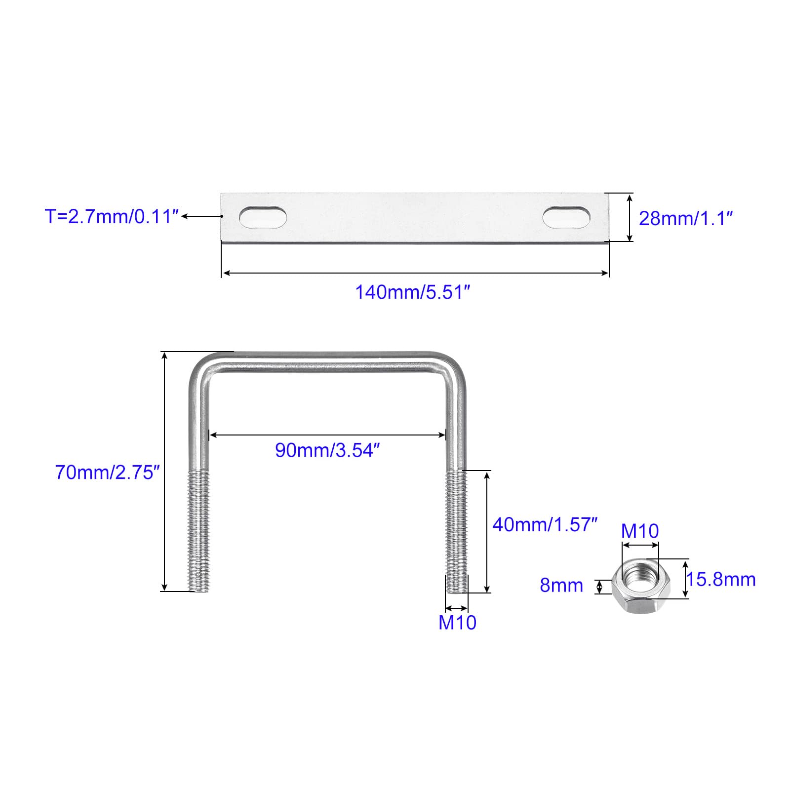 MACHSWON Square U-Bolt,1 Set 304 Stainless Steel M10 U Bolts 90mm(3.54") Inner Width 70mm Length with Nuts and Frame Plate for Automobiles Boat Trailer - Image 2