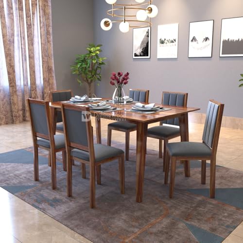Image of DRIFTINGWOOD Tiya Dining Table 6 Seater | Six Seater Dinning Table with 6 Chairs in Gray Cushions for Home | Rosewood, Honey Finish, Self Assembly(DIY)