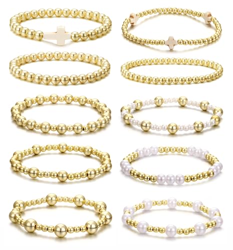 BOMAIL 10pcs Gold Beaded Bracelets for Women - Non Tarnish 14K Gold Plated Stackable Pearl Cross Dainty Gold Bracelets - Trendy Jewelry