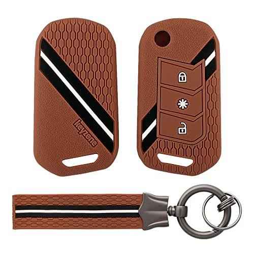 Image of Keyzone Striped Silicone Key Cover and Keychain Compatible for Mahindra Thar Roxx, Xuv3xO, Scorpio-N, Xuv700, Thar,Xuv400, Xuv300, Bolero NEO, Marazzo, 3 Button Flip (Brown with Brown Striped KH)