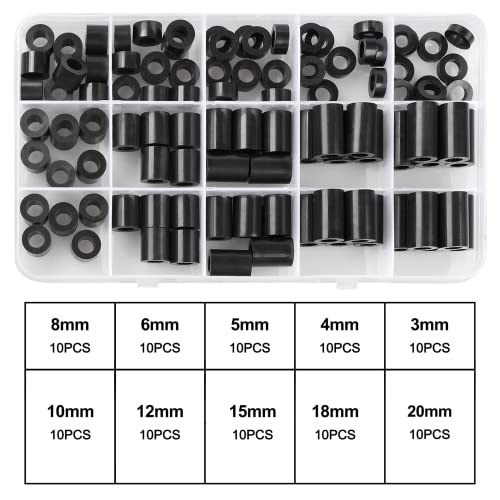Image of Exqutoo Black ABS Round Washers ID 6.2mm,OD 11mm, 3mm 4mm 5mm 6mm 8mm 10mm 15mm 18mm 20mm Length, Assortment Kit, Non-Threaded, Suitable for M6 Screws Hardware Spacer Bracket