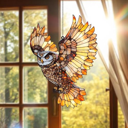 Flying Owl Acrylic Suncatcher Stained Glass Effect Window Car Hanging Christmas Ornament Indoor Outdoor Decor Garden Sun Catcher Gifts Boho Spiritual Native American Decorations for Women Mom Grandma