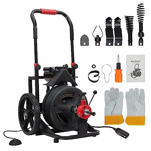 Drain Cleaner Machine With 4 Cutters & Foot Switch and Pair of Gloves,75 FT 3/8 Inch Drain Cleaning Machine Suitable for 1