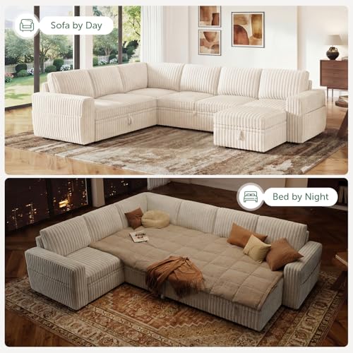 Image of HONBAY Modular Sectional Sleeper Sofa with Pull Out Bed,Corduroy U Shaped Couch with Storage, Sectional Couches for Living Room,Beige
