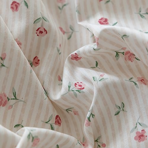 VM VOUGEMARKET Pink Flower Stripes Duvet Cover Set Twin 100% Cotton Blossom Duvet Cover with Zipper Closure,Cottagecore Bedding Set for Girls Women-68 x86,Off-White