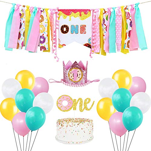 PartsExtra Dount First Birthday Party Decorations Kit,Donut Birthday Banner Doughnut 1st Highchair Banner Sweet One Cake Topper ONE Crown Hat and 40 Pcs Balloons for Donut Theme Party,Donut Grow Up Supplies,Baby cake smash photo prop