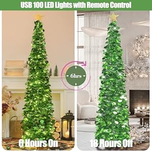 HMASYO 6 FT Pop Up Christmas Tree with 100 LED Lights & Remote, Green Tinsel Artificial Pencil Christmas Tree Xmas Decoration for Home, Office, Party, USB Powered Timer Lights, Easy Assembly HMASYO 6 FT Pop Up Christmas Tree with 100 LED Lights Remote Green Tinsel Artificial Pencil Christmas Tree Xmas Decoration for Home Office Party USB Powered Timer Lights Easy Assembly
