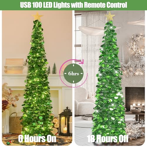 HMASYO-6-FT-Pop-Up-Christmas-Tree-with-100-LED-Lights-Remote-Green-Tinsel-Artificial-Pencil-Christmas-Tree-Xmas-Decoration-for-Home-Office-Party-USB-Powered-Timer-Lights-Easy-Assembly HMASYO 6 FT Pop Up Christmas Tree with 100 LED Lights Remote Green Tinsel Artificial Pencil Christmas Tree Xmas Decoration for Home Office Party USB Powered Timer Lights Easy Assembly