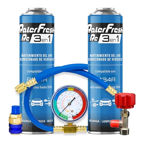 Ralerfresh RC 3 en 1 – Recarga de Aire acondicionado coche R134A hasta 2016 - Gas refrigerante, Sella fugas, lubricante (2 Botellas RC31 + Manómetro Manguera + conector)