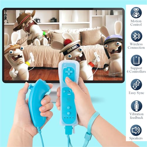 Image of Compatible with Nintendo Wii Controller, Wii Remote with Nunchuck and Nunchuck Controller with Silicone Case and Wrist Strap for Wii and Wii U, Included 2 AA Batteries (Blue)