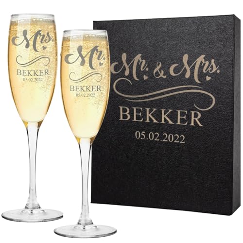 Gifts Inscribed Personalized Champagne Glasses Set of 2 – Engraved Mr and Mrs Champagne Flutes – Custom Stemmed Glassware Gift for Wedding, Engagement, Anniversary, Bridal Party