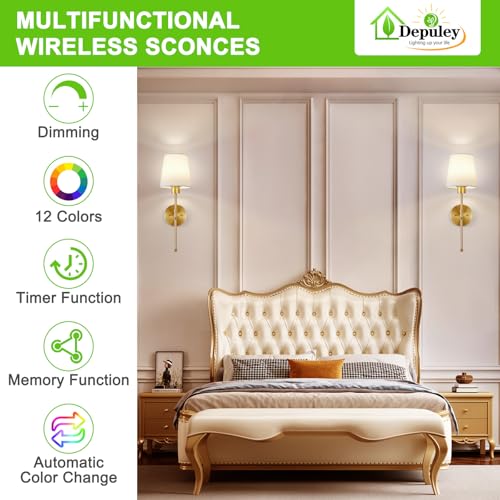 Image of Depuley Battery Operated Wall Sconce: Set of 2 19.99 inch Wireless Wall Lights with Remote for Bedroom - Rechargeable 15 Colors Gold Wall Lamp for Living Room Hallway Decor