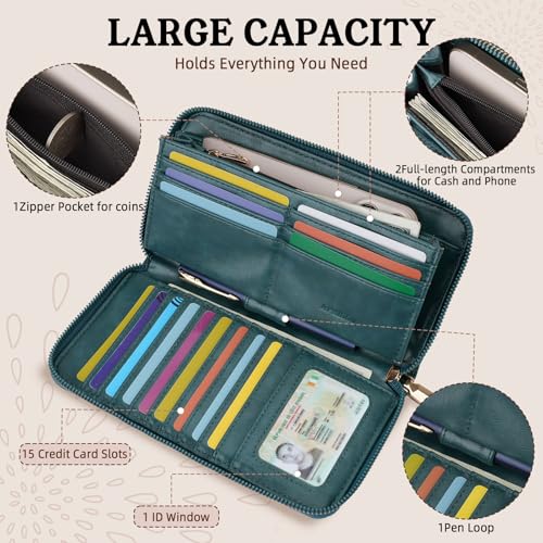 Image of APHISON Wallet Women Large Capacity Clutch Purse For Ladies Card Holder RFID Wristlet Phone Zipper Coin Travel Pocket, 02-peacock blue