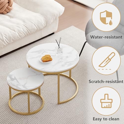Miniatura 5 de Jzgorc Juego De 2 Mesas De Centro Redondas, Mesa De Centro Apilable, Tapa Con Patrón De Mármol, Patas De Metal Chapadas En Oro, 60 45 Cm Y 40 35 Cm - Oro Blanco