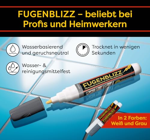 FugenBlizz Fugenstift – Fliesenstift mit wasserfester Fugenfarbe für Bad & Küche – Fugen Stift mit besonders hoher Deckkraft – Überdeckt Schmutz, Schimmel & Stockflecken – Grau