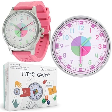 OWLCONIC Learning to Tell Time Bundle, Analog Wall Clock, Time Game, Kids Wristwatch – Pink Cover