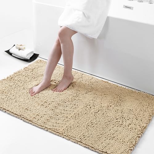Smiry Luxury Chenille Bathroom Rugs 44x24, Extra Soft and Absorbent Shaggy Bath Mat, Machine Washable, Non-Slip Plush Carpet Runner for Tub, Shower, and Floor, Home Decor Accessories, Beige