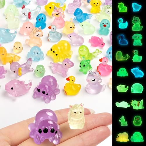 GRESEESM 100pcs Luminous Mini Resin Animals Tiny Animals to Hide Miniature Figurines Mini Ducks Axolotl Spiders Alpacas for Fairy Garden Accessories Dollhouse Landscape Decor
