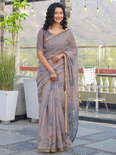 Image of SIRIL Women's Cotton Linen Printed Zari Border Saree with Unstitched Blouse Piece