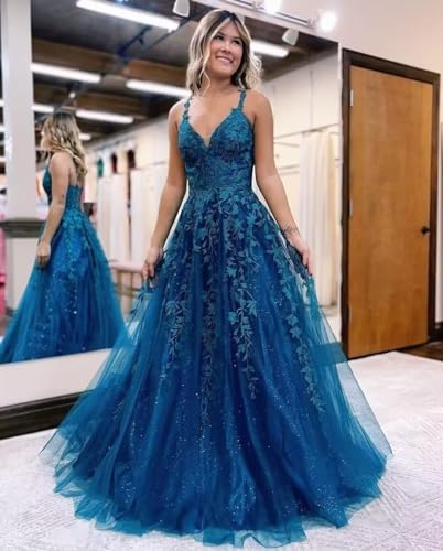 YMSHA V Neck Tulle Prom Dresses 2025 Long Sparkly Lace Formal Party Dress YMS23 - Image 3