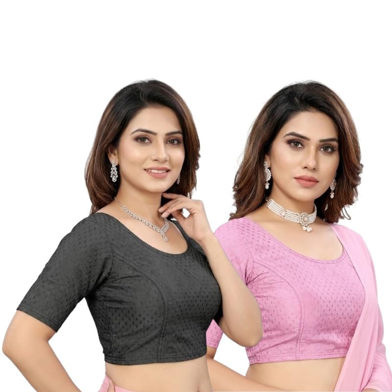 Women Solid Textured Stretchable Half Sleeve Readymade Blouse Combo Pack of 2-picture-42