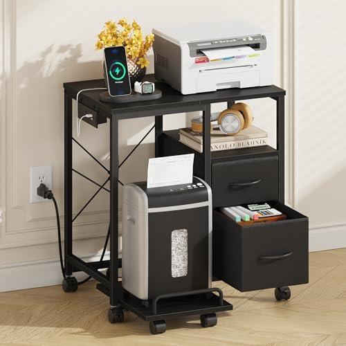 YAOHUOO Printer Stand with Power Outlet/Fabric Drawers, Printer Cabinet with Storage Shelf and...