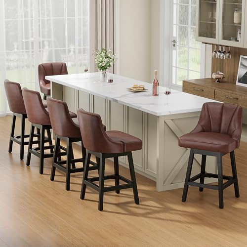 Image of YaFiti Swivel Bar Stools with Backs, 26 inch Counter Height Bar Stools Set of 6, Modern Leather Extra Upholstered Counter Barstools with Square Solid Wood Legs for Kitchen Island, Dining Room, Brown