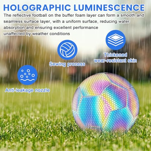 PORFOYO Curve Ball Fussball, Leuchtender Fußball Offizielle Größe 5, Reflektierender Fußball mit Luftpumpe, Holografisch Leuchtend Fußbälle für Drinnen Draußen