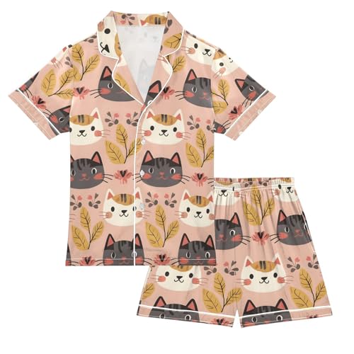 ALAZA Cat Leaves Pajamas Satin Pajama Set Short Sleeve Button Down Sleepwear