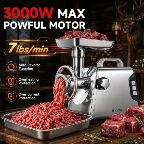 Image of AAOBOSI #12 Meat Grinder Heavy Duty, 3000W Electric Meat Grinder for Hunting with All-Metal Gearbox & Reverse Function, Built-in Storage Box, All-Stainless Body for Deer Wild Game Processing