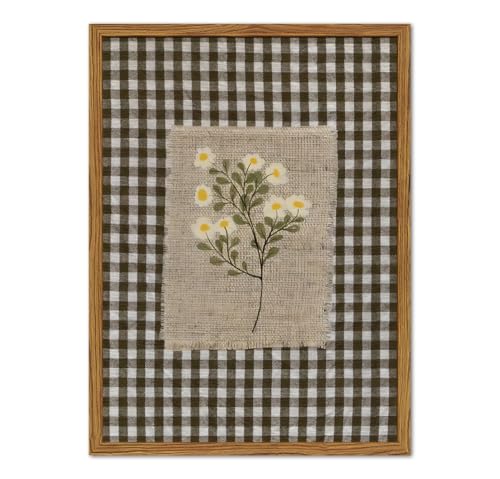 Framed Vintage Floral Wall Art, Rustic Flower Pictures Wall Decor, Farmhouse Wildflower Gingham Paintings Canvas Prints Cottagecore Home Decor for Living Room Bedroom Bathroom 12x16 inch