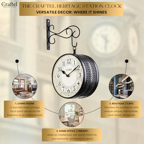Image of CRAFTEL Double Sided Station Wall Clock Powder Coated Finish | English Roman Numerals | Aluminum Matte-Finish Dial Brass Body | Dial - 8 Inches, Matte Black | 365 Days Warranty