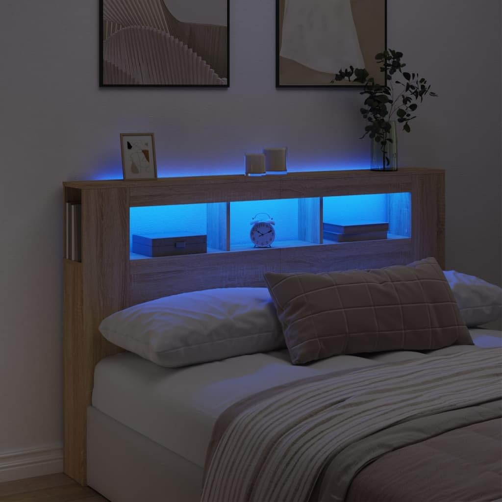 Cabecero de cama LED cabecero moderno con luces LED RGB equipado con excelente soporte para dormitorio diseño elegante roble sonoma 160 x 18,5 x 103,5 cm