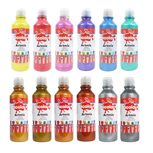 Scola Readymix Water Based Tempera Paint 12 Pearlescent/Metallic Colours 300ml Bottles Safe Non-Toxic Poster Paints Craft Projects Suitable for 3+