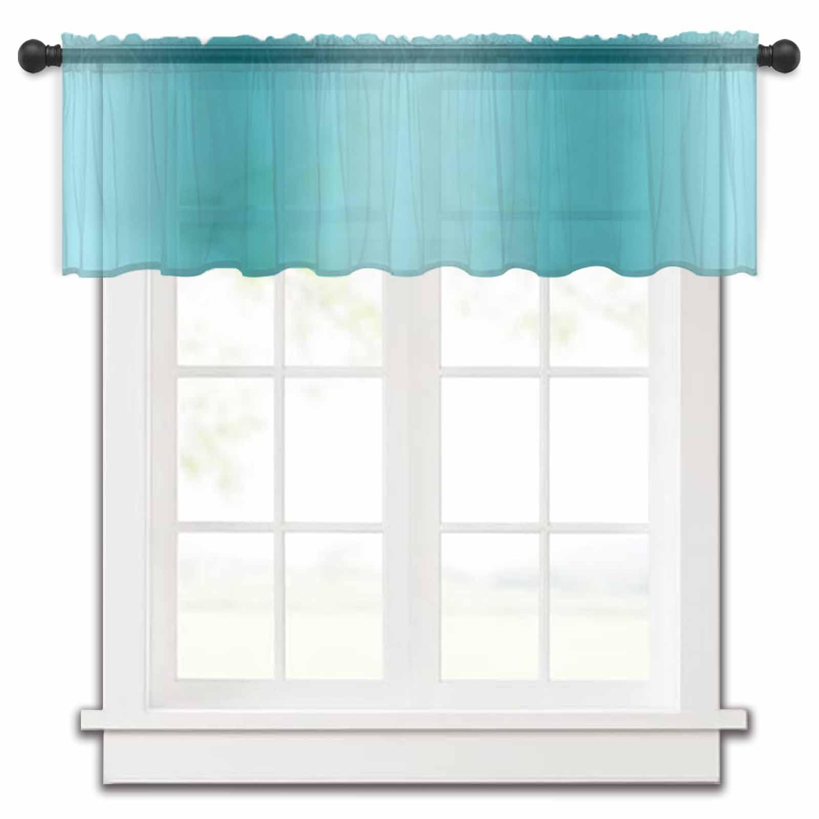 Pinroote Teal Ombre Sheer Valance, Modern Abstract Art 54"x18" Light Filtering Kitchen Curtain Valances, Farmhouse Gradient Spring Summer Chiffon Rod