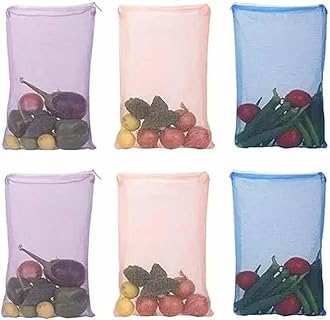 Set Of 6 Reusable Fridge Storage Bags For Vegetables and Fruits Dual Layer Mesh Net Multipurpose Multi-Size Kitchen Storage Bags Organizer with Sturdy Zipper