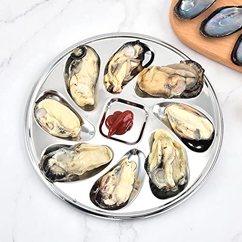 Kichvoe Plateau Service Huîtres Acier Inoxydable - 8 Emplacements Coquille Avec Pince Fourchettes - Idéal Barbecue