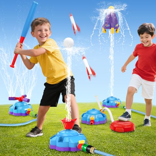 4-in-1 Water Sprinkler Baseball Toy Water-Spraying Rocket Water Baseball Rocket Launch Game Spinning Water Sprayer Outdoor Summer Toys for Boys Girls Outside Water Game Toys for Kids 3-12