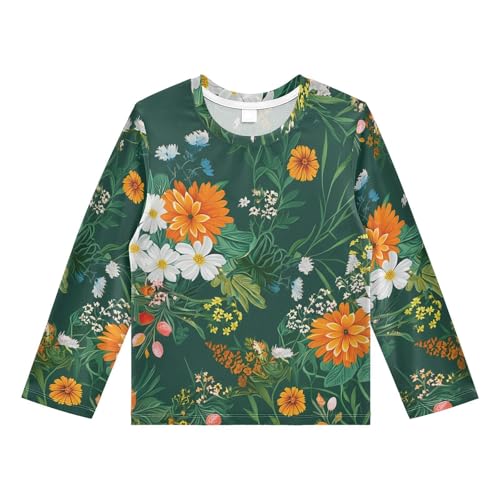 DOMIKING Calendula Floral Green Boys Long Sleeve Rashguard Shirt Kids Quick Dry Swim Shirt for Kids Toddler 9-10T
