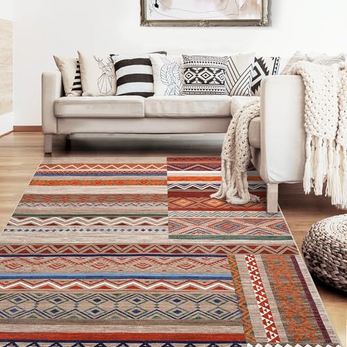 GarveeHome Vintage Living Room Rug 8x10 Beige Area Rugs Machine Washable Geometric Patchwork Carpet, Non-Slip Non-Shedding Foldable Tribal Floor Cover for Bedroom, Classroom, Dining Room, Kid Playroom
