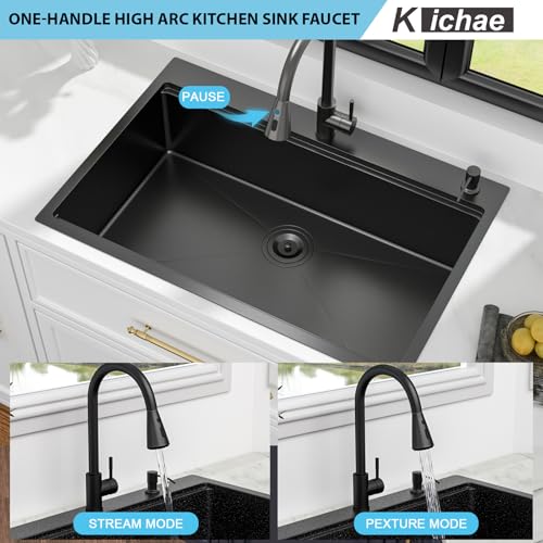 Image of Kichae 33x19 Drop In Kitchen Sink Black with Faucet Combo Stainless Steel 16 Gauge Workstation Sink Topmount Handmade Single Bowl Basin with Accessories